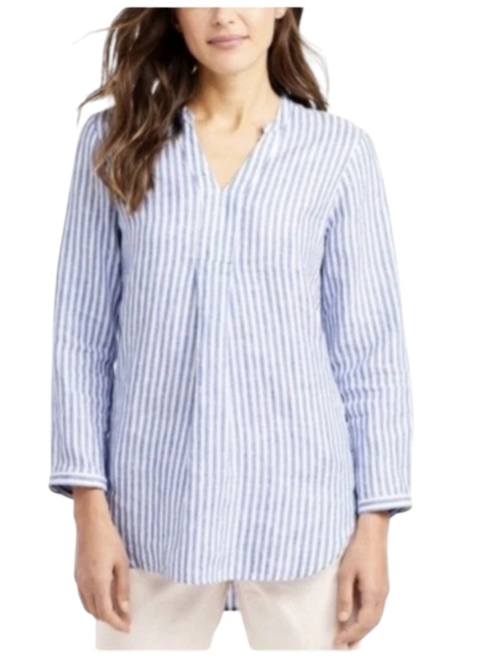 L.L. Bean Linen Blue and White Striped V-Neck Tunic Top Beachy Vacation
